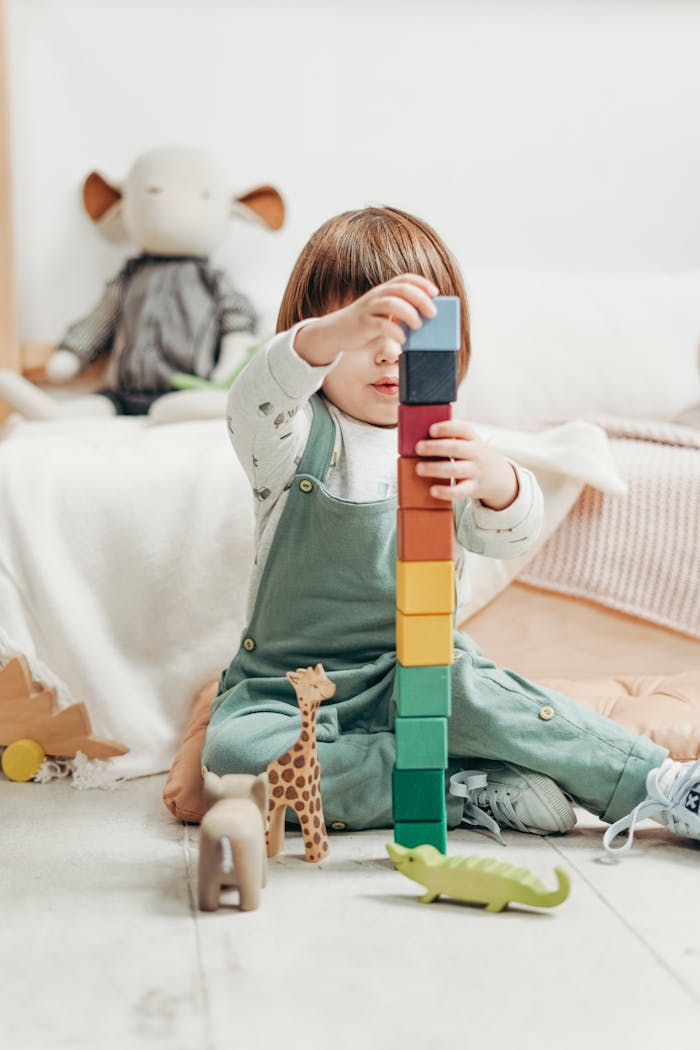 services-01 A cute child stacks colorful wooden blocks while playing indoors, surrounded by toys.